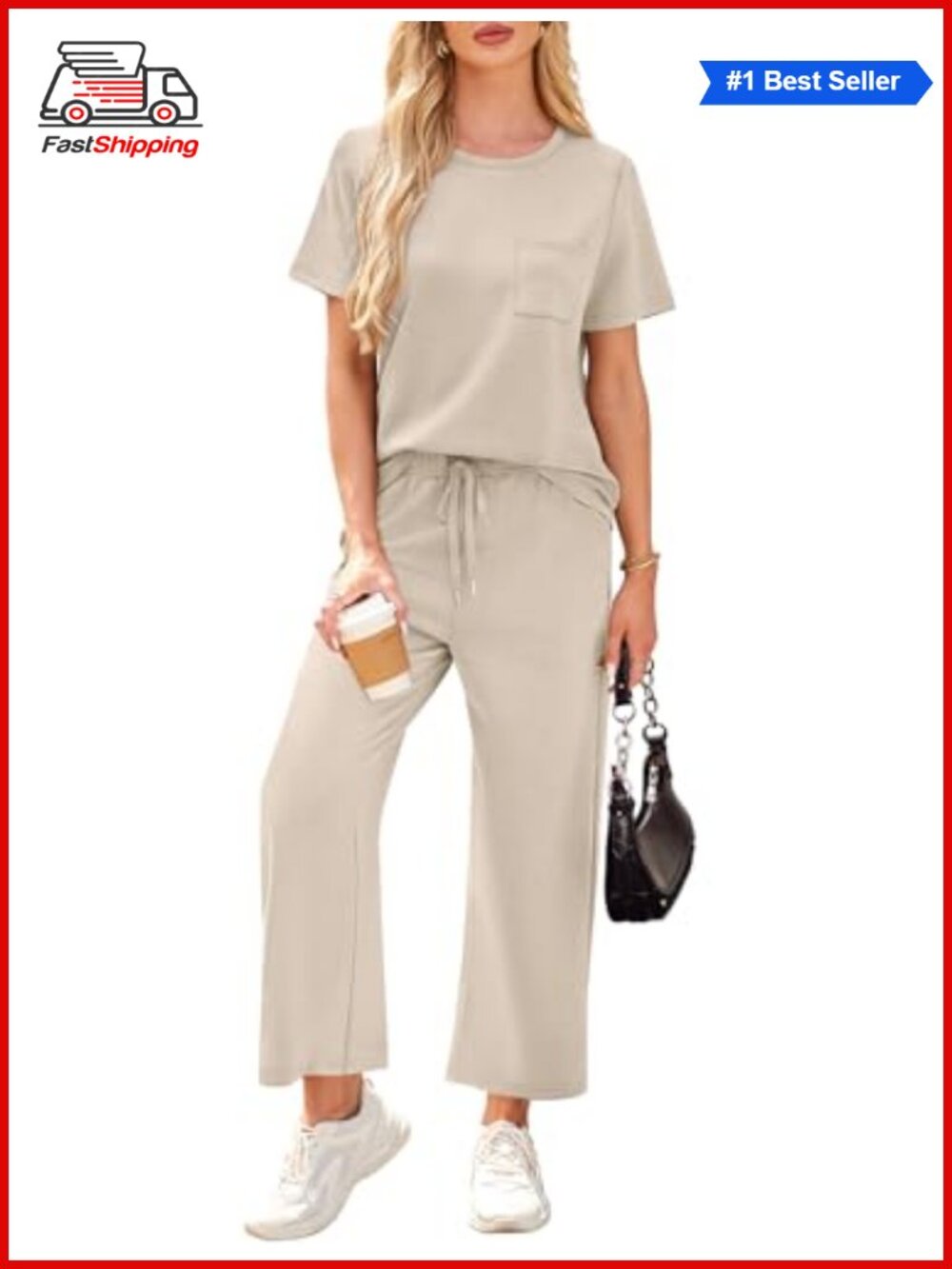 β¨WIHOLL 2 Piece Set Womens Short Sleeve Top Wide Leg Crop Pants Lounge Travel - Picture 2 of 6